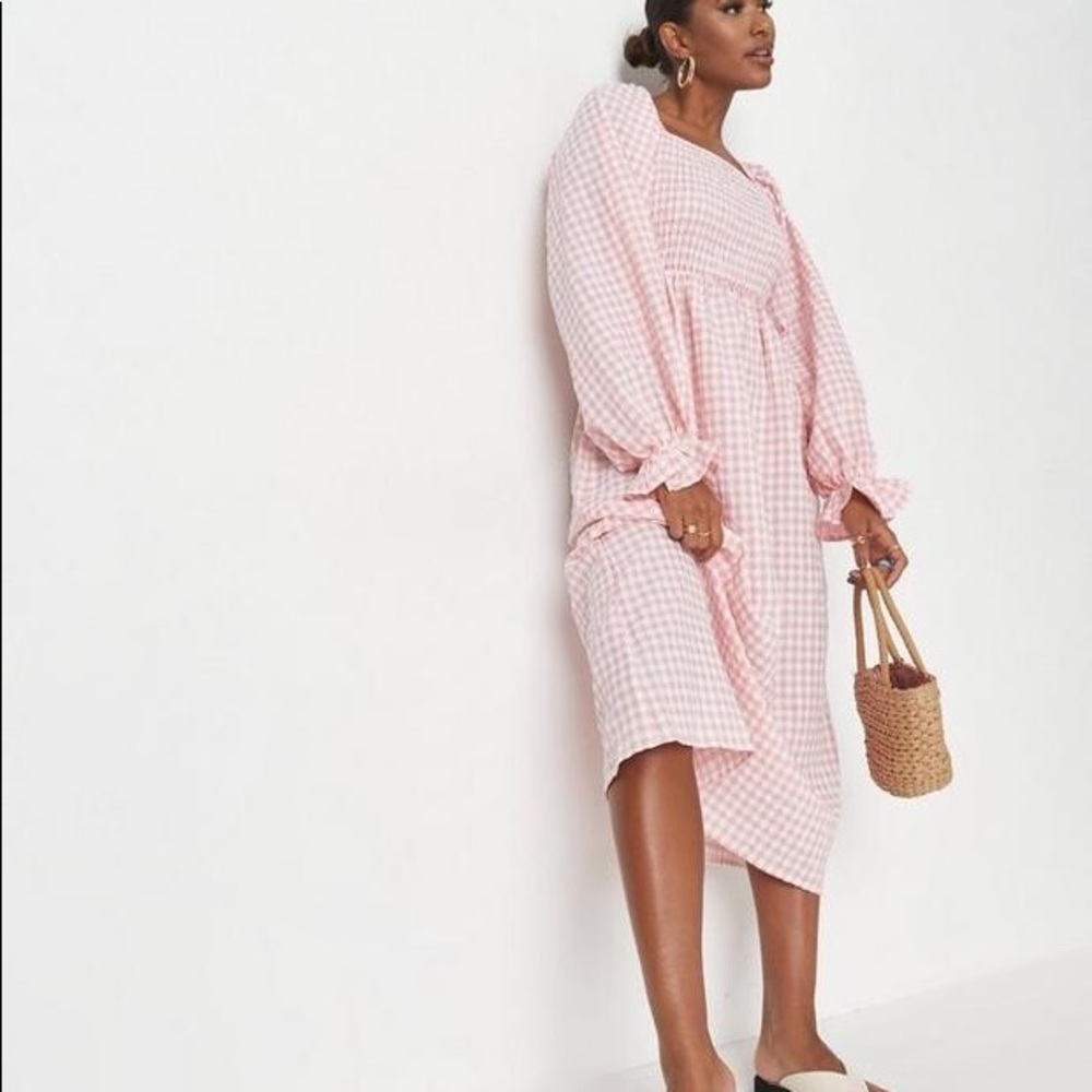 Missguided Pink Gingham Print Shirred Bust Midi Smock Dress